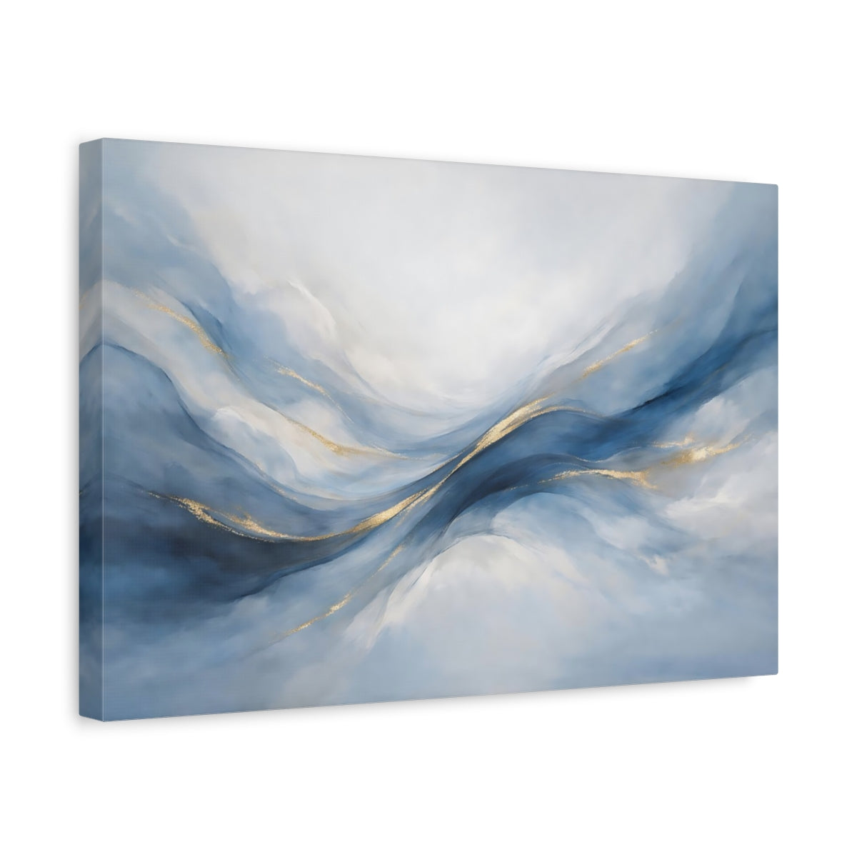Side Mockup 4. Abstract Abstract Waves Blue And Gold shown as stretched canvas wall art
