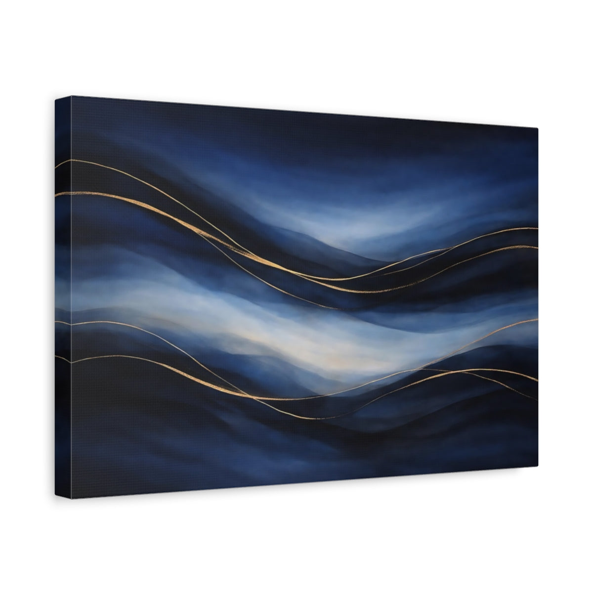 Side Mockup 4. Abstract Abstract Waves Blue And Gold shown as stretched canvas wall art