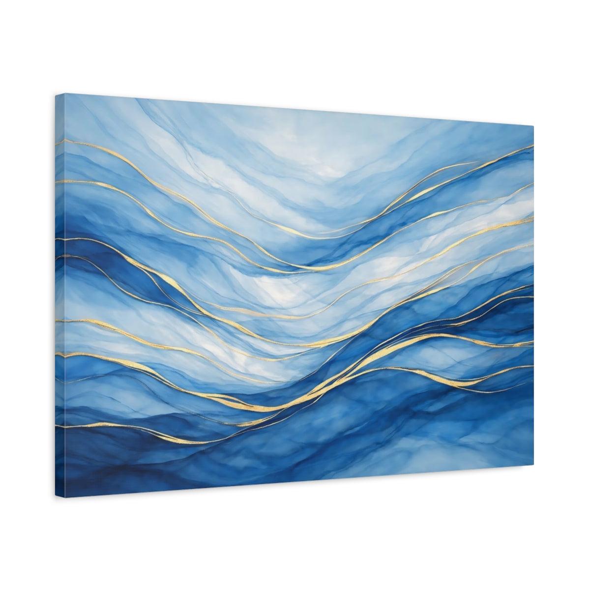 Side Mockup 2. Abstract Abstract Waves Blue And Gold shown as stretched canvas wall art