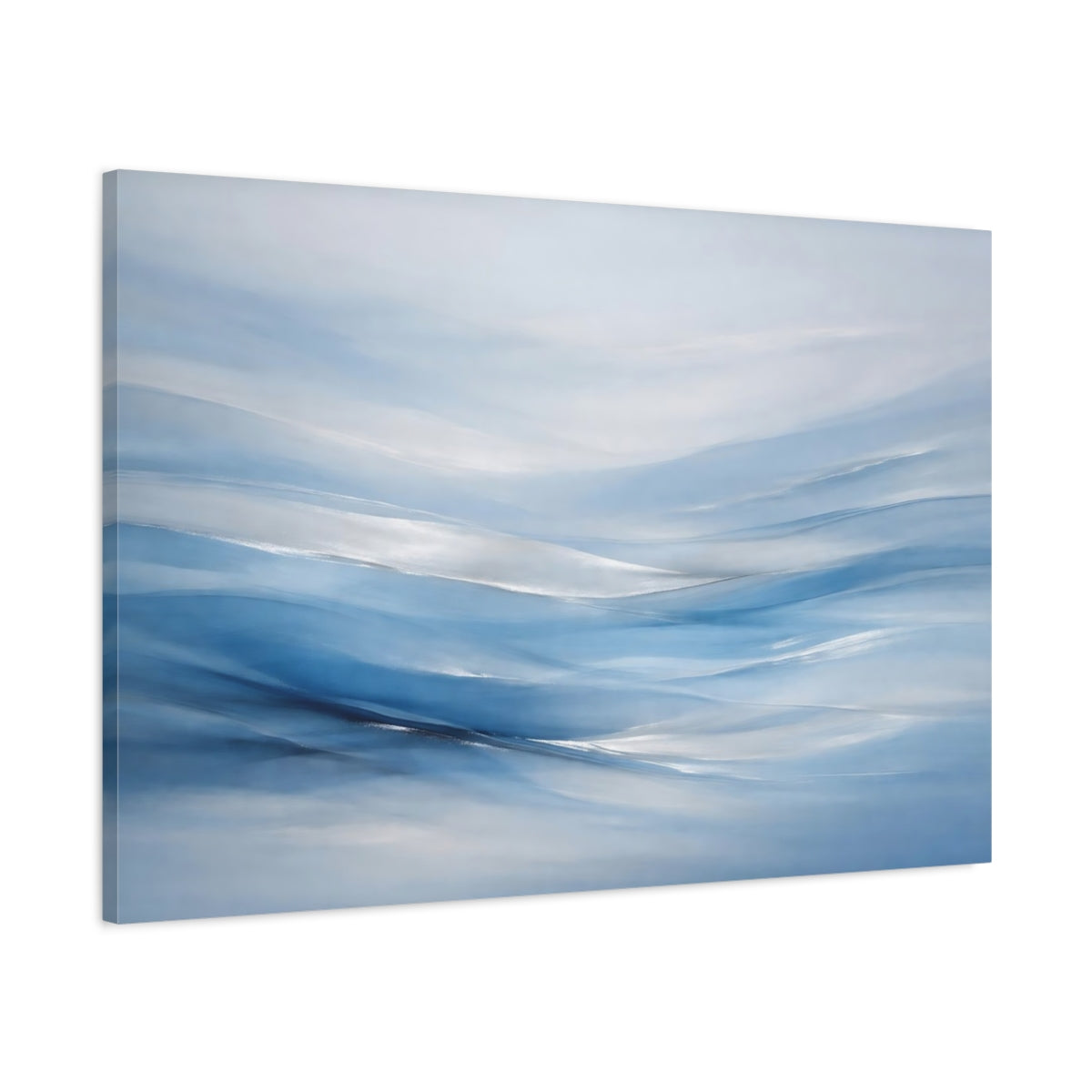 Side Mockup 1. Abstract Abstract Waves Blue And Silver shown as stretched canvas wall art