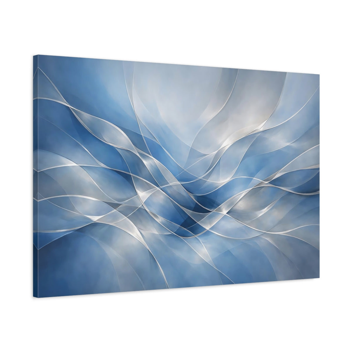 Side Mockup 1. Abstract Abstract Waves Blue Abstract Waves shown as stretched canvas wall art