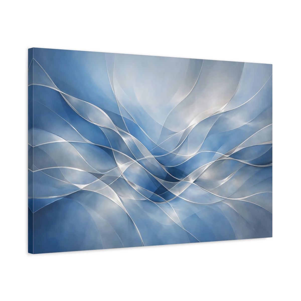 Side Mockup 2. Abstract Abstract Waves Blue Abstract Waves shown as stretched canvas wall art