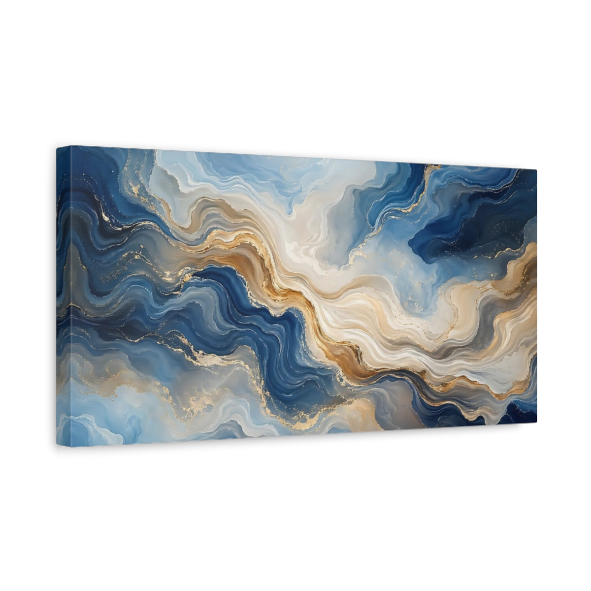 Side Mockup 3. Abstract Abstract Waves Blue Gold Abstract shown as stretched canvas wall art