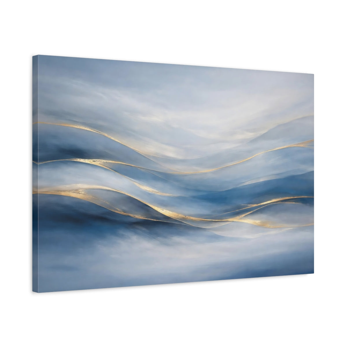 Side Mockup 2. Abstract Abstract Waves Blue Gold Abstract shown as stretched canvas wall art