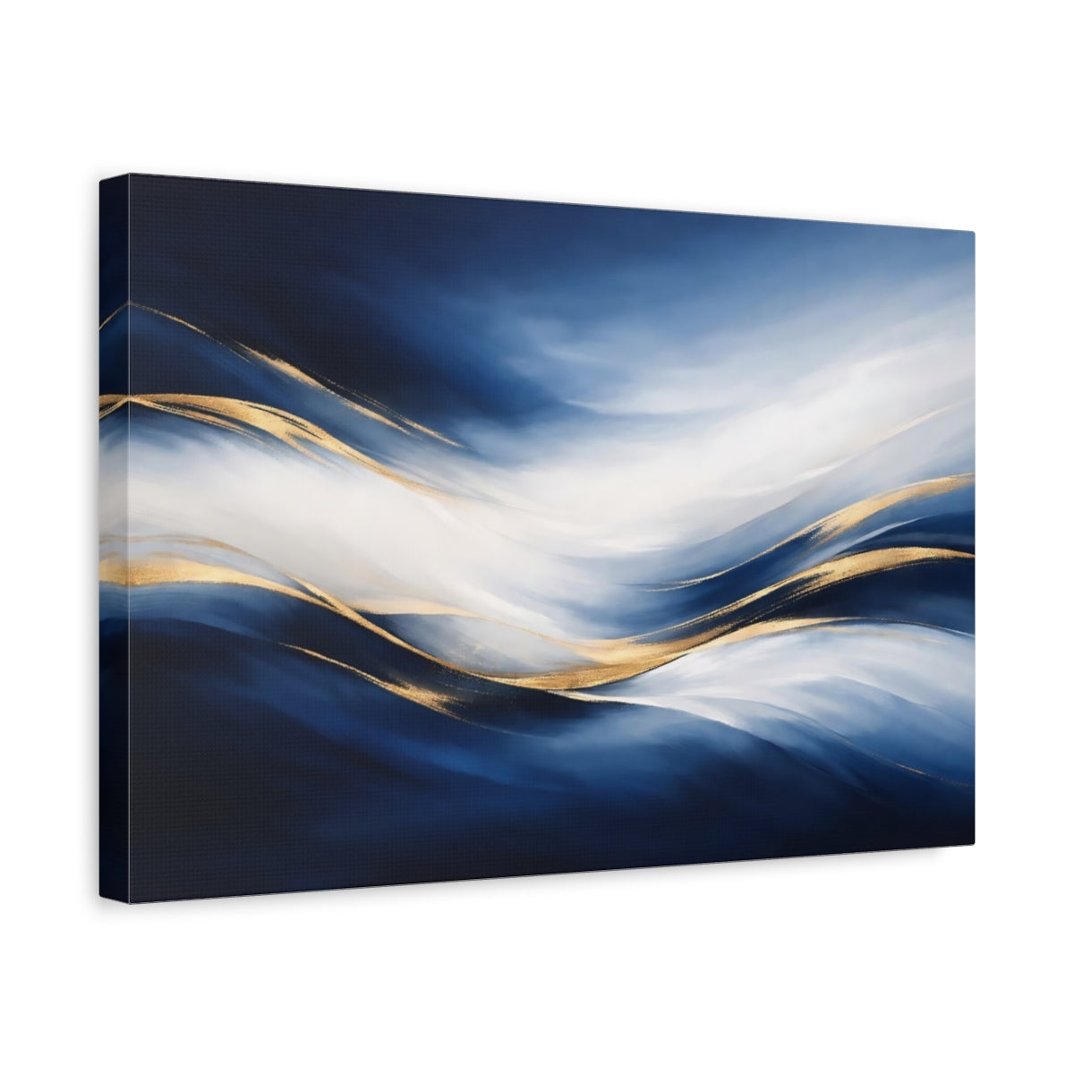 Side Mockup 4. Abstract Abstract Waves Blue Gold Abstract shown as stretched canvas wall art