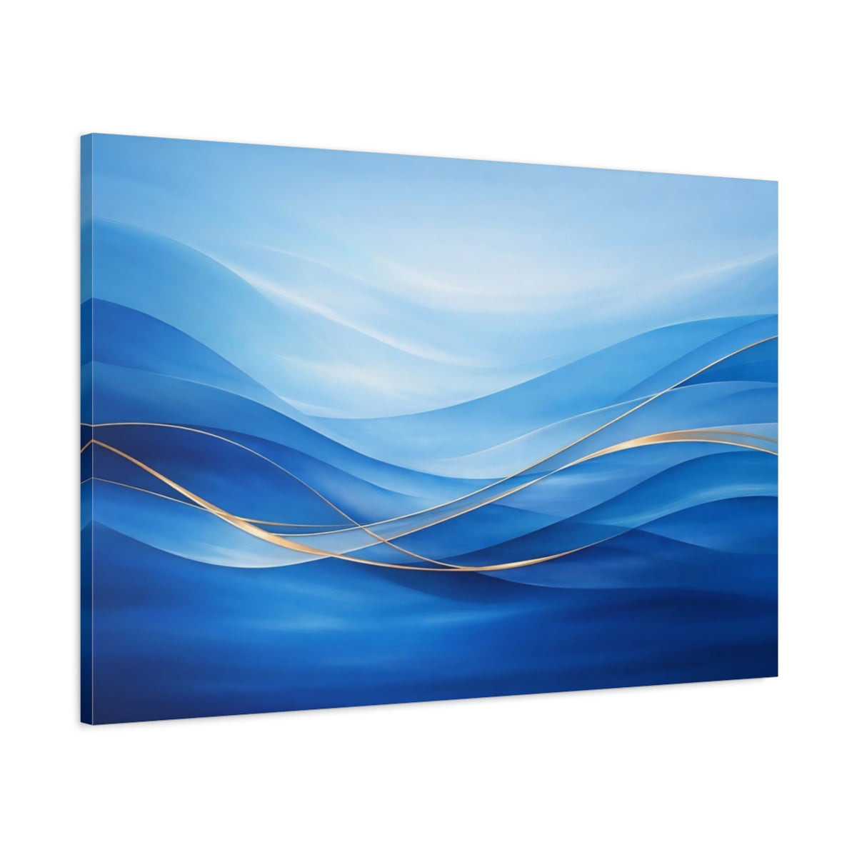 Side Mockup 1. Abstract Abstract Waves Blue Gold Waves shown as stretched canvas wall art