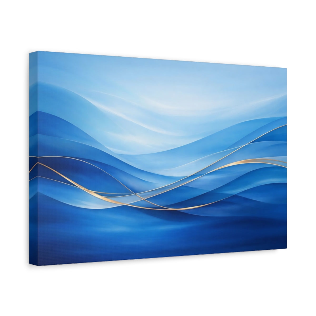 Side Mockup 4. Abstract Abstract Waves Blue Gold Waves shown as stretched canvas wall art
