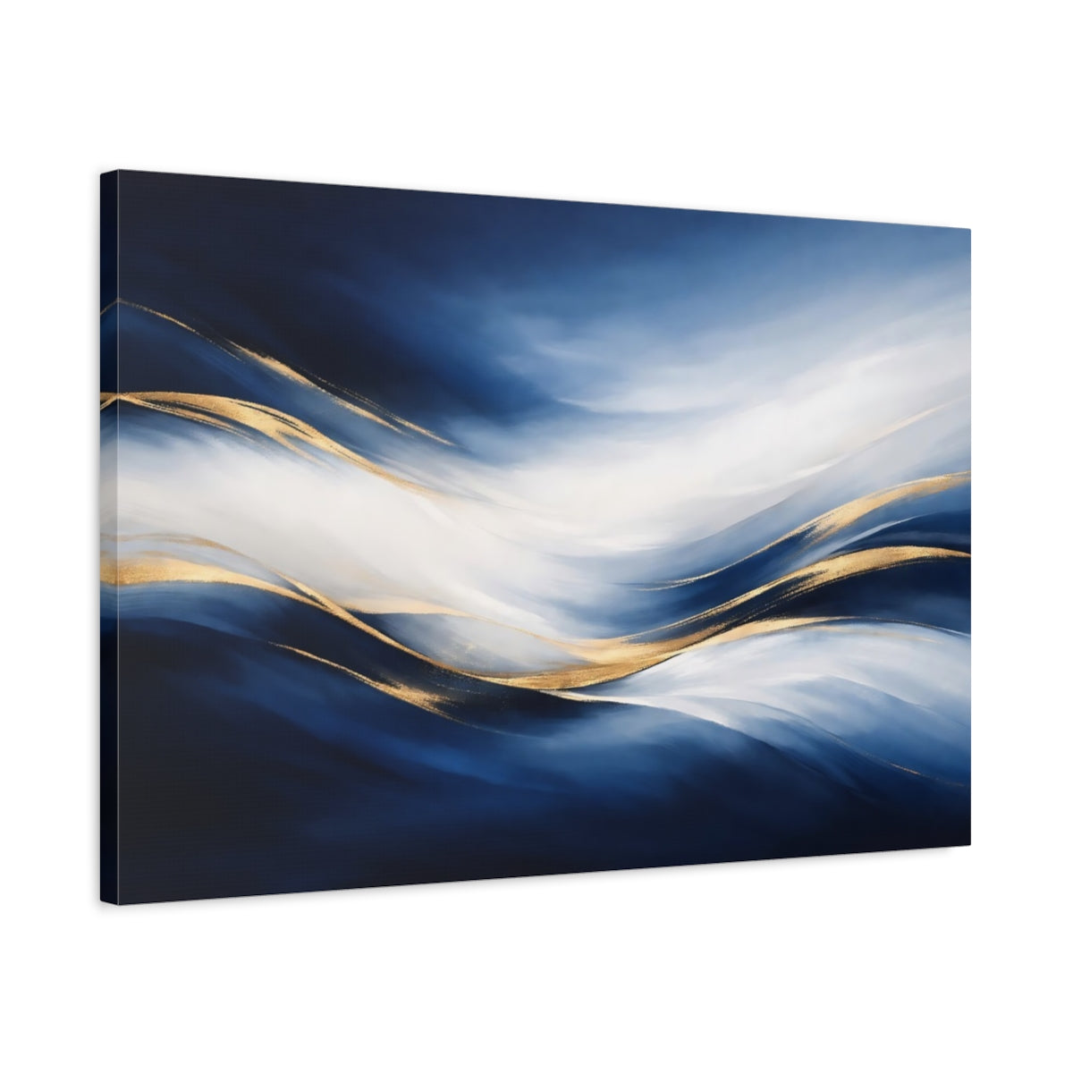 Side Mockup 2. Abstract Abstract Waves Blue Gold Abstract shown as stretched canvas wall art