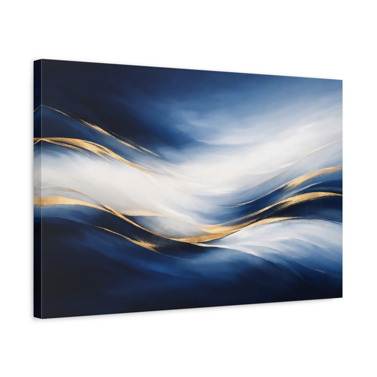 Side Mockup 3. Abstract Abstract Waves Blue Gold Abstract shown as stretched canvas wall art