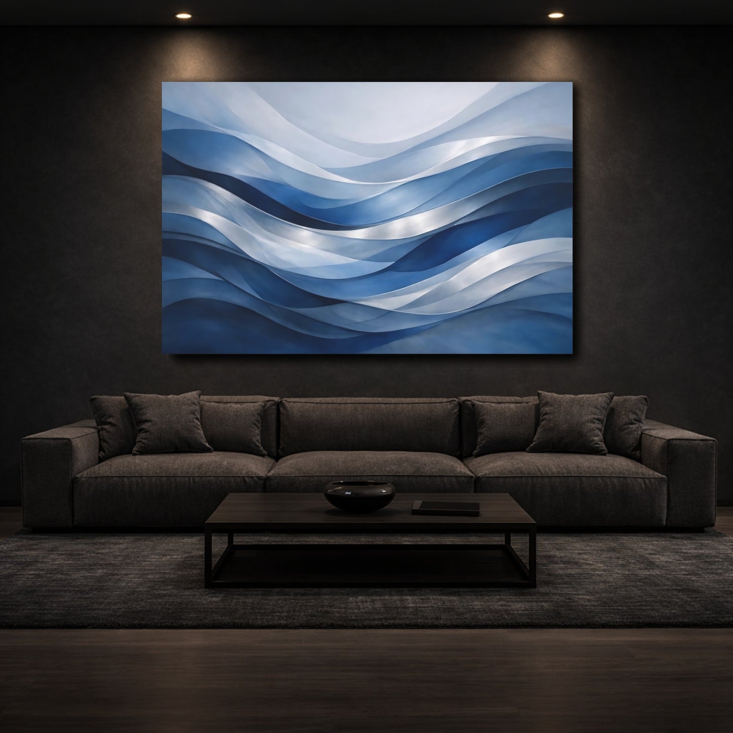 Mockup 2. Abstract Waves Blue Waves shown as stretched canvas wall art