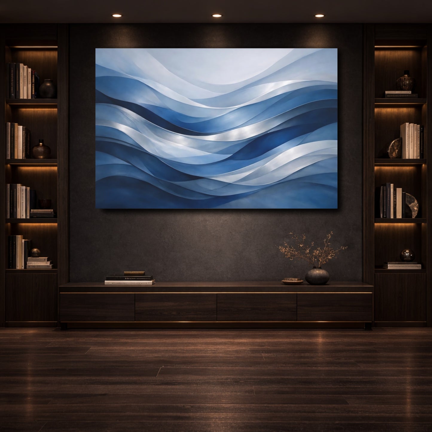 Mockup 3. Abstract Waves Blue Waves shown as stretched canvas wall art