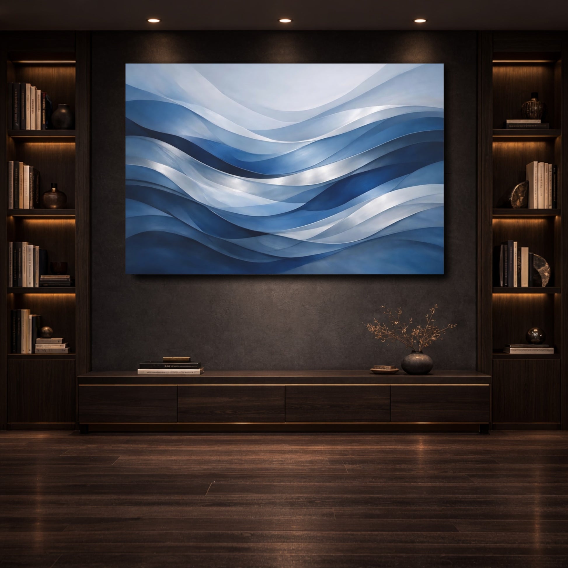 Mockup 3. Abstract Waves Blue Waves shown as stretched canvas wall art