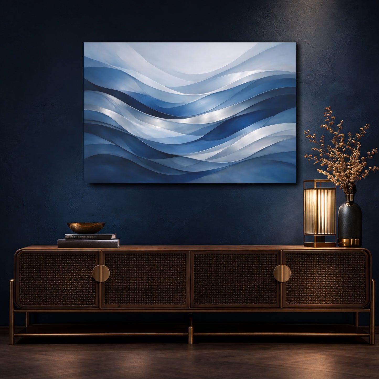 Mockup 4. Abstract Waves Blue Waves shown as stretched canvas wall art
