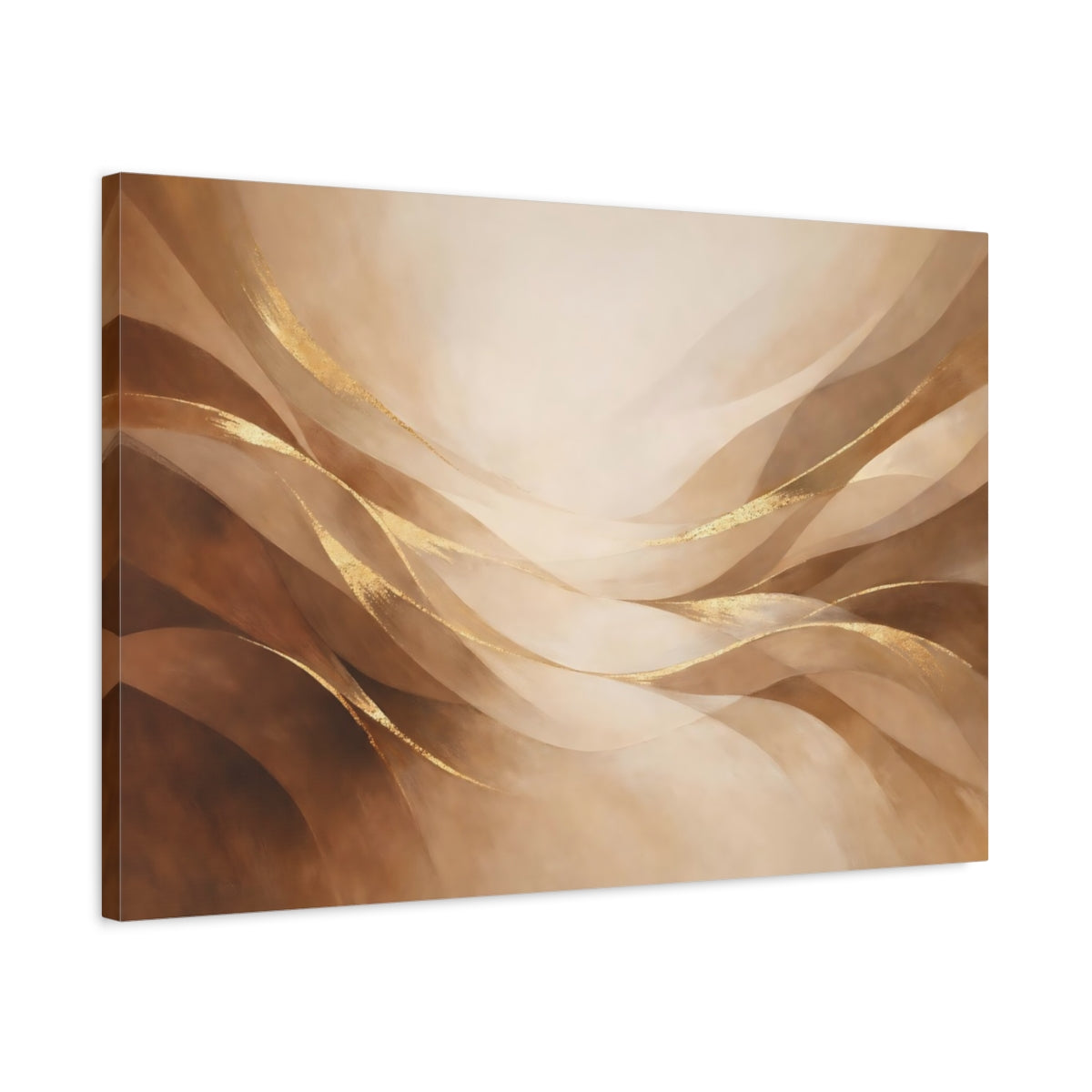 Side Mockup 2. Abstract Abstract Waves Brown And Gold shown as stretched canvas wall art