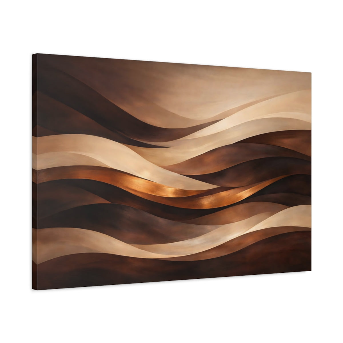 Side Mockup 1. Abstract Abstract Waves Brown And Gold Waves shown as stretched canvas wall art