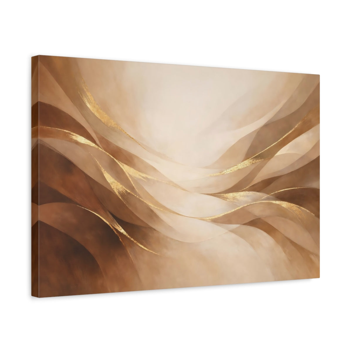 Side Mockup 3. Abstract Abstract Waves Brown And Gold shown as stretched canvas wall art