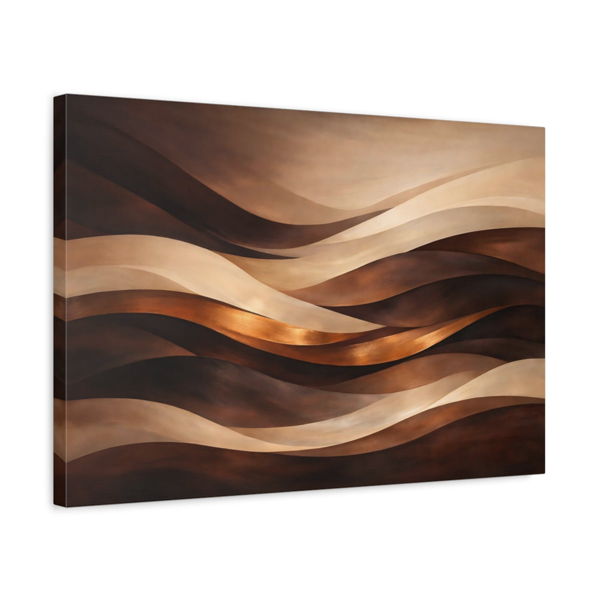 Side Mockup 3. Abstract Abstract Waves Brown And Gold Waves shown as stretched canvas wall art
