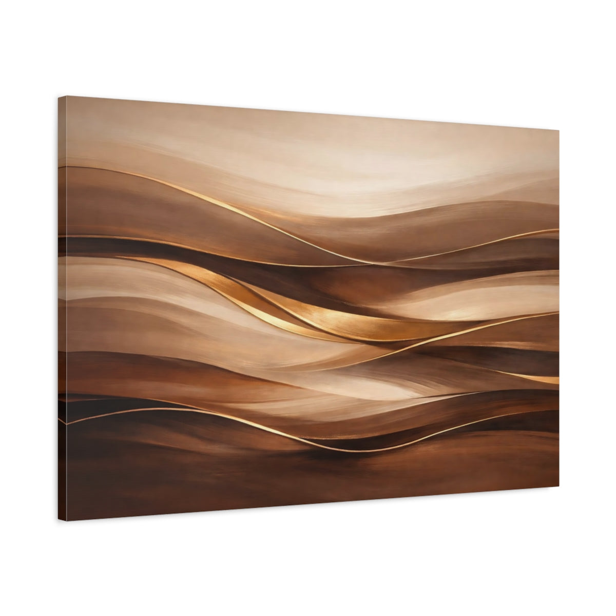 Side Mockup 1. Abstract Abstract Waves Brown And Gold shown as stretched canvas wall art