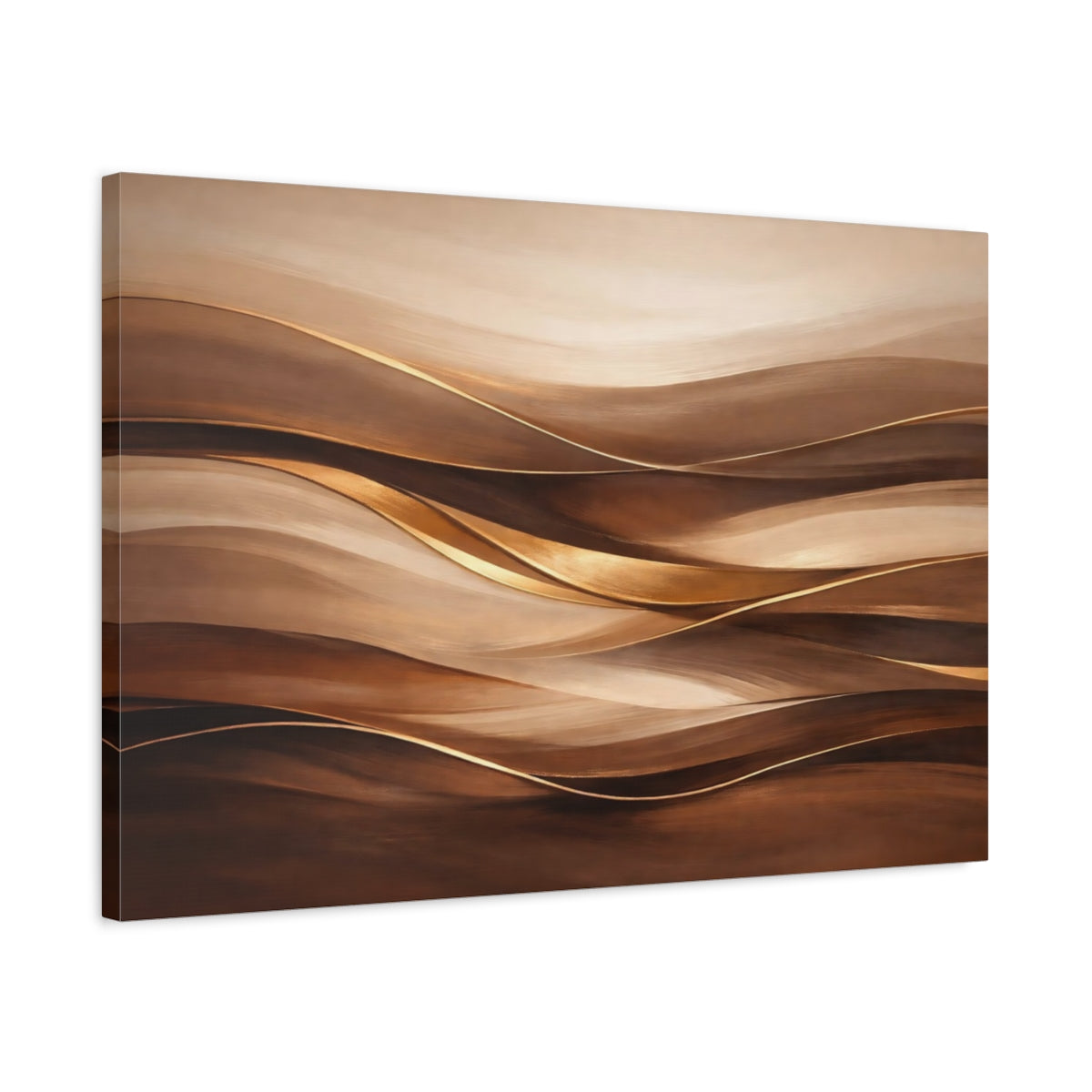 Side Mockup 2. Abstract Abstract Waves Brown And Gold shown as stretched canvas wall art