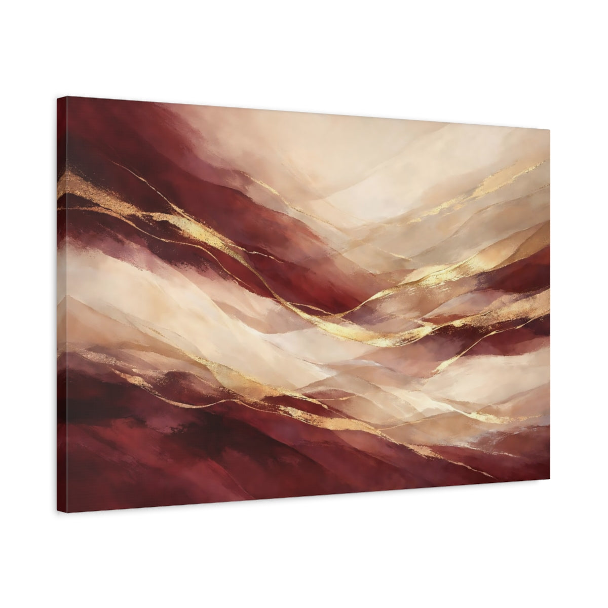 Side Mockup 2. Abstract Abstract Waves Burgundy Gold Abstract shown as stretched canvas wall art