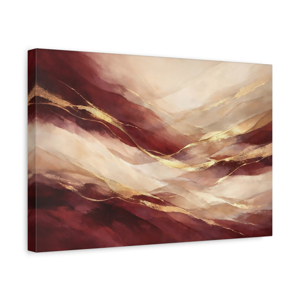 Side Mockup 4. Abstract Abstract Waves Burgundy Gold Abstract shown as stretched canvas wall art