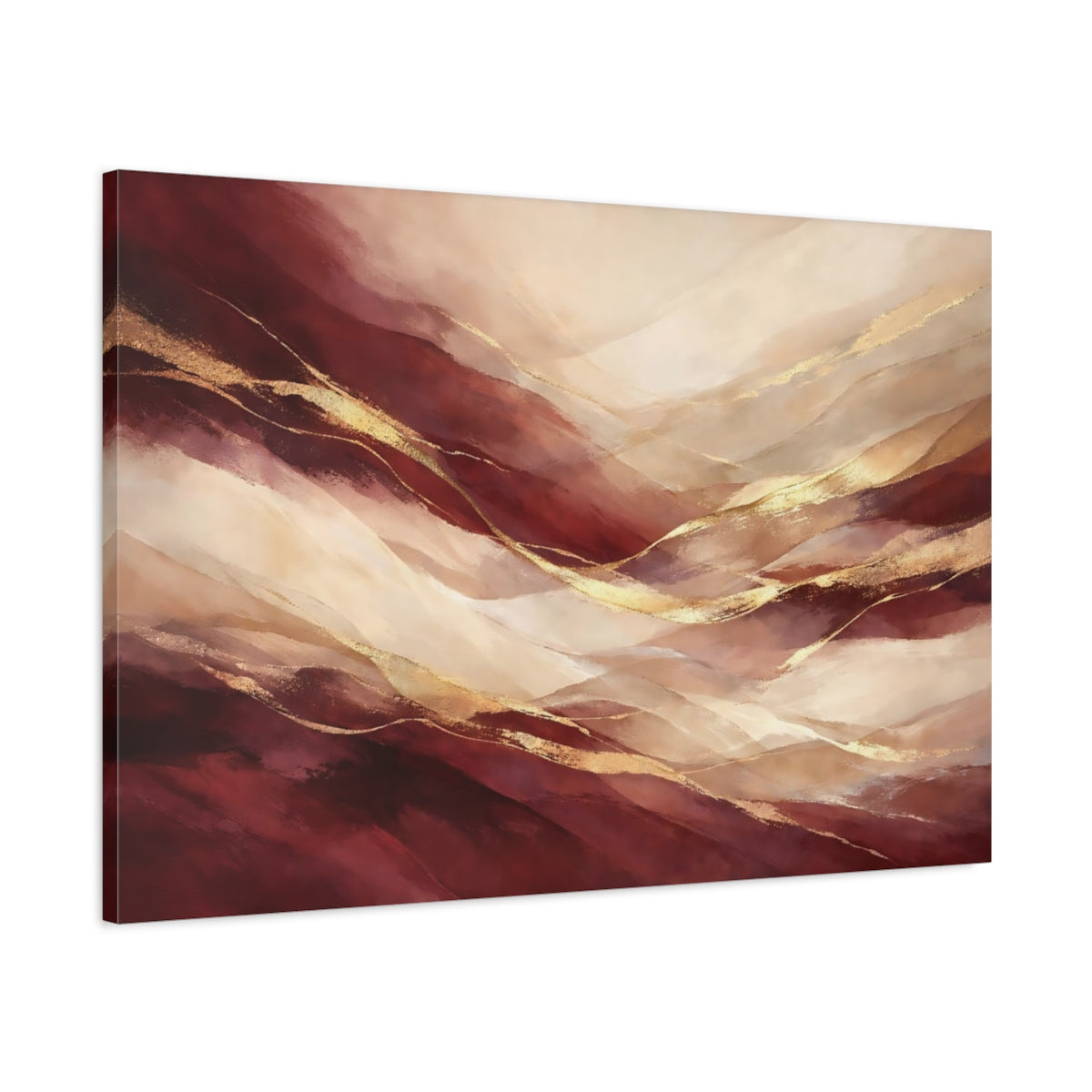 Side Mockup 1. Abstract Abstract Waves Burgundy Gold Abstract shown as stretched canvas wall art