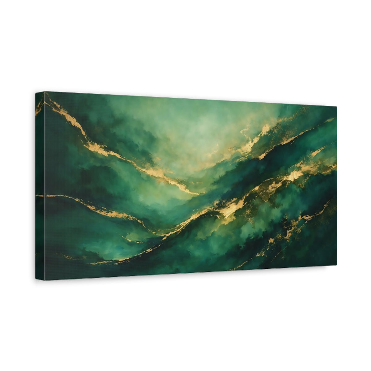 Side Mockup 3. Abstract Abstract Waves Emerald Gold Abstract shown as stretched canvas wall art