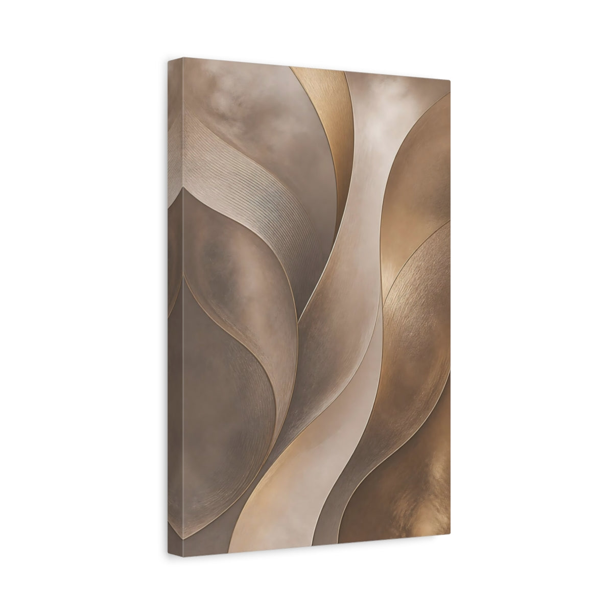 Side Mockup 4. Abstract Abstract Waves Gold And Beige shown as stretched canvas wall art