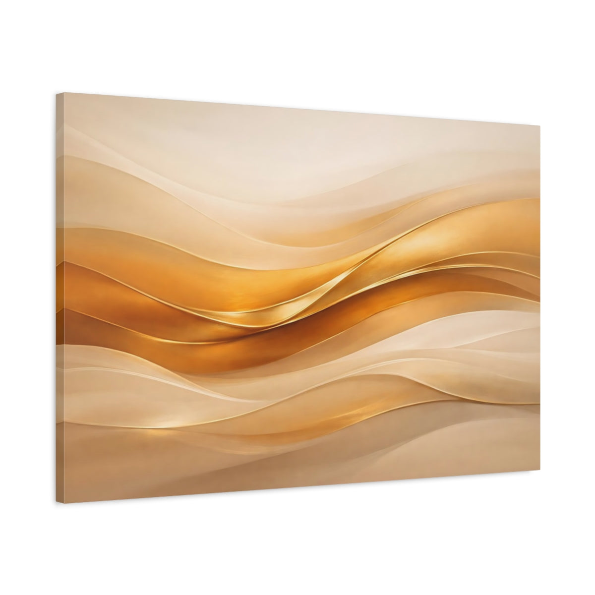 Side Mockup 1. Abstract Abstract Waves Gold And Beige shown as stretched canvas wall art