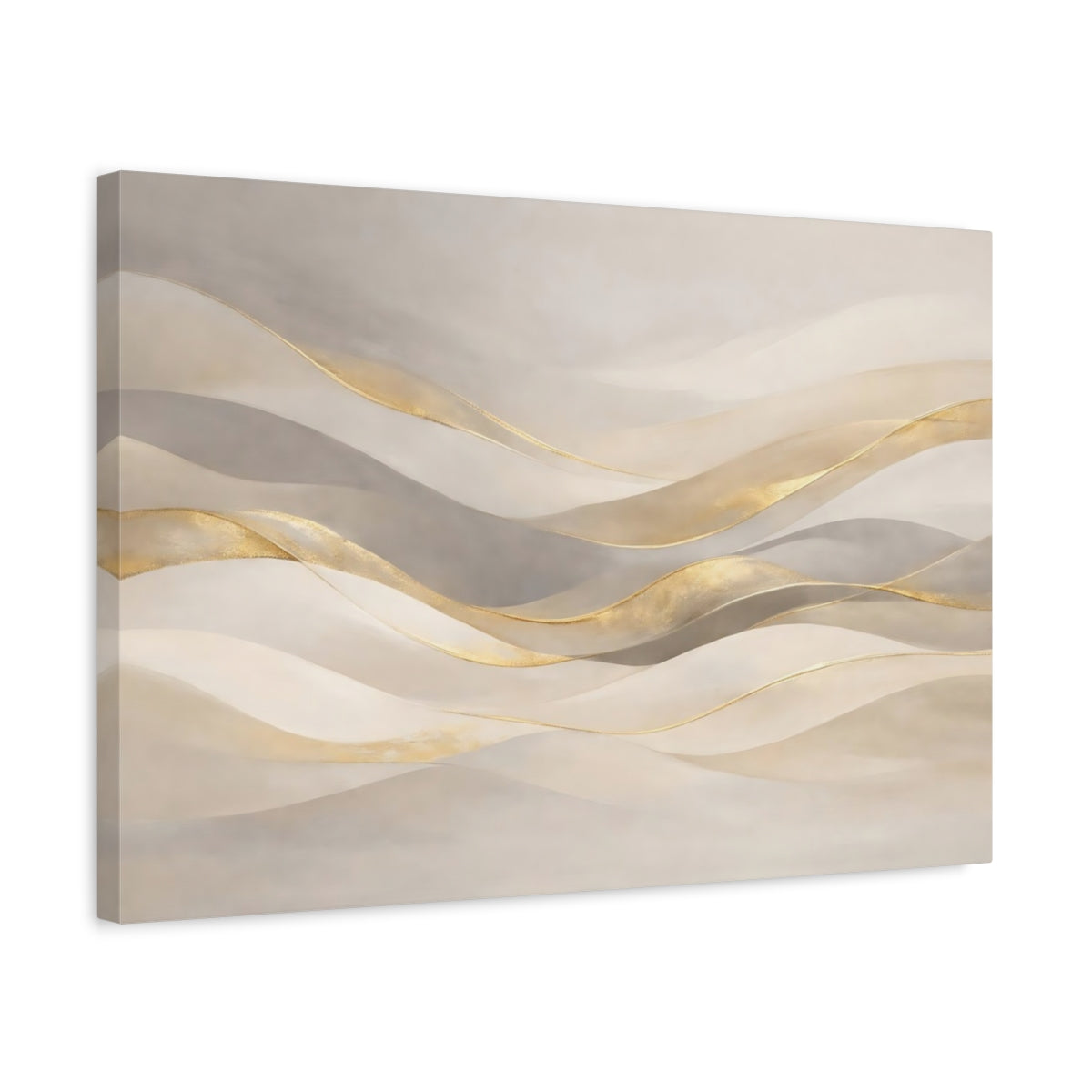 Side Mockup 3. Abstract Abstract Waves Gold And Beige Abstract shown as stretched canvas wall art