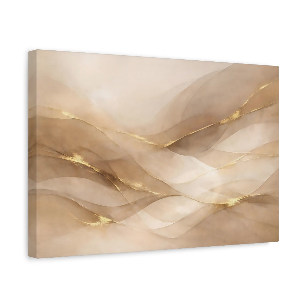 Side Mockup 4. Abstract Abstract Waves Gold And Beige shown as stretched canvas wall art