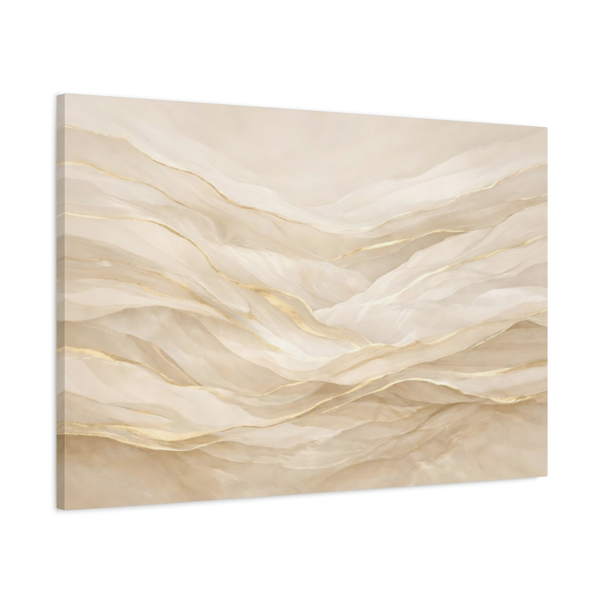 Side Mockup 1. Abstract Abstract Waves Gold And Beige Abstract shown as stretched canvas wall art