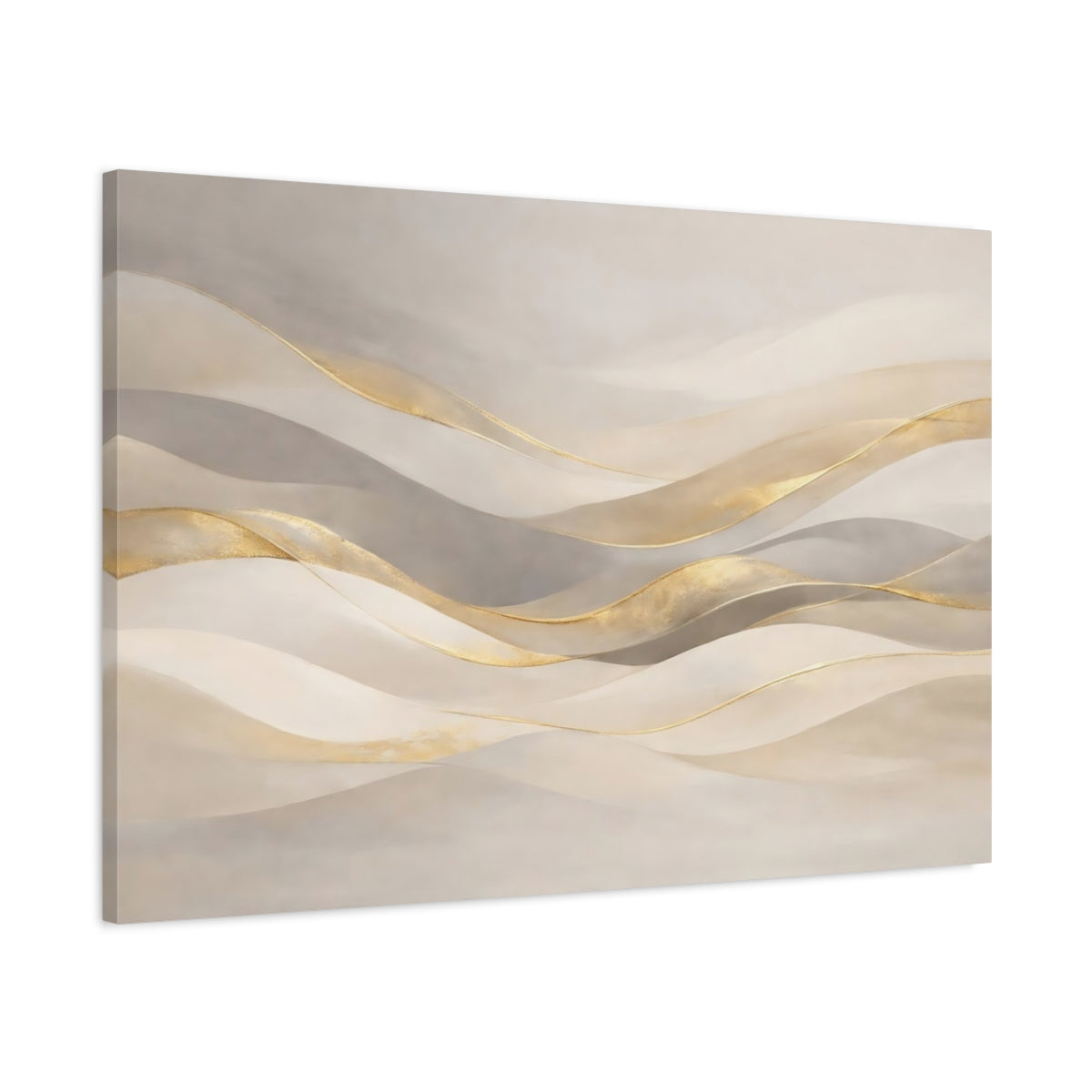 Side Mockup 1. Abstract Abstract Waves Gold And Beige Abstract shown as stretched canvas wall art