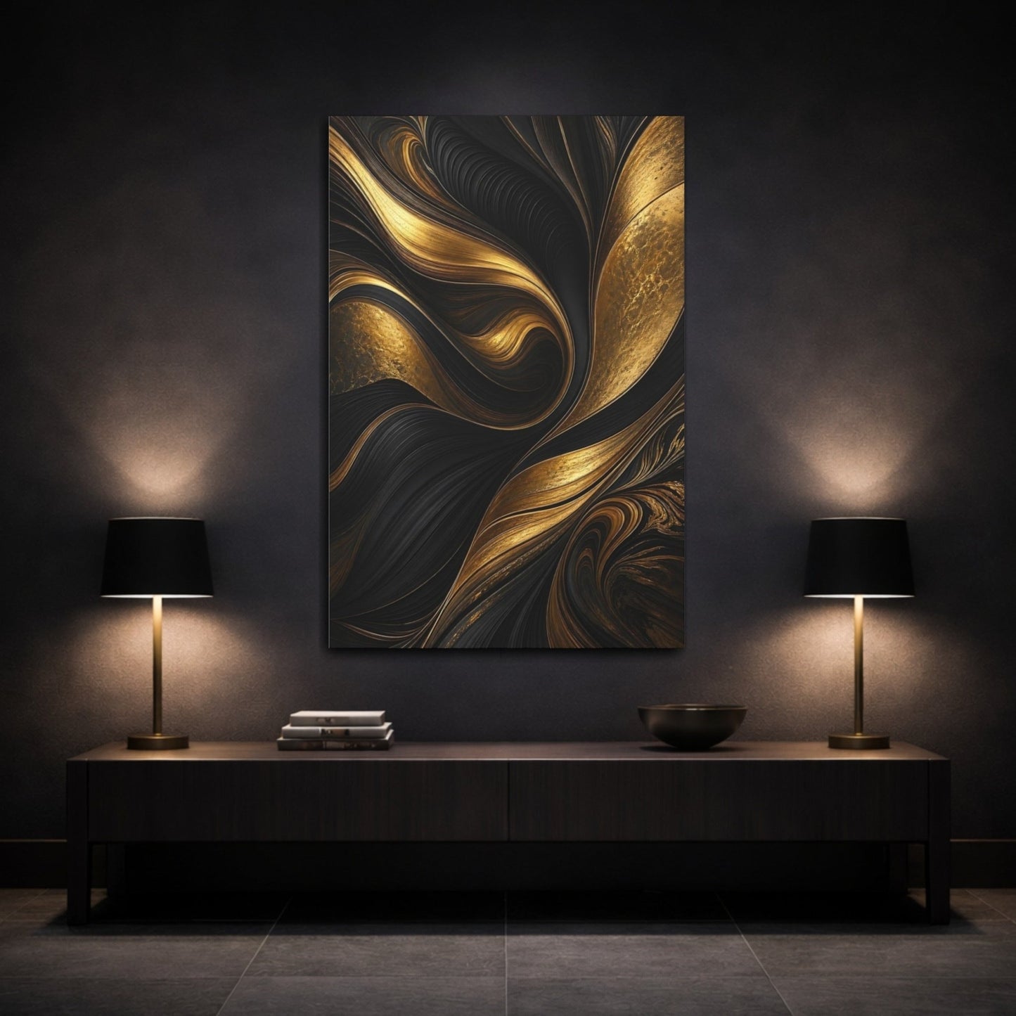 Abstract Waves Gold And Black Canvas Print – Living Room, Above Couch - YesArtYes