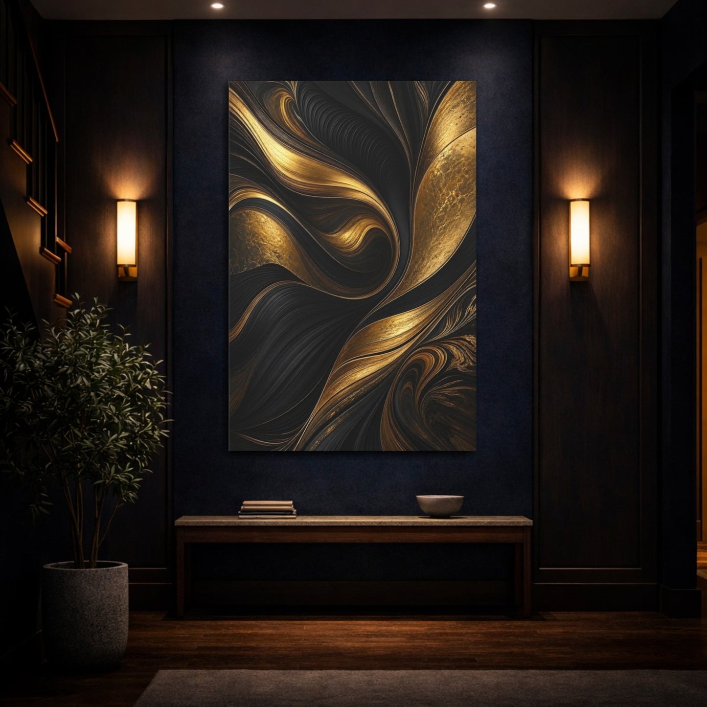 Abstract Waves Gold And Black Canvas Print – Living Room, Above Couch - YesArtYes