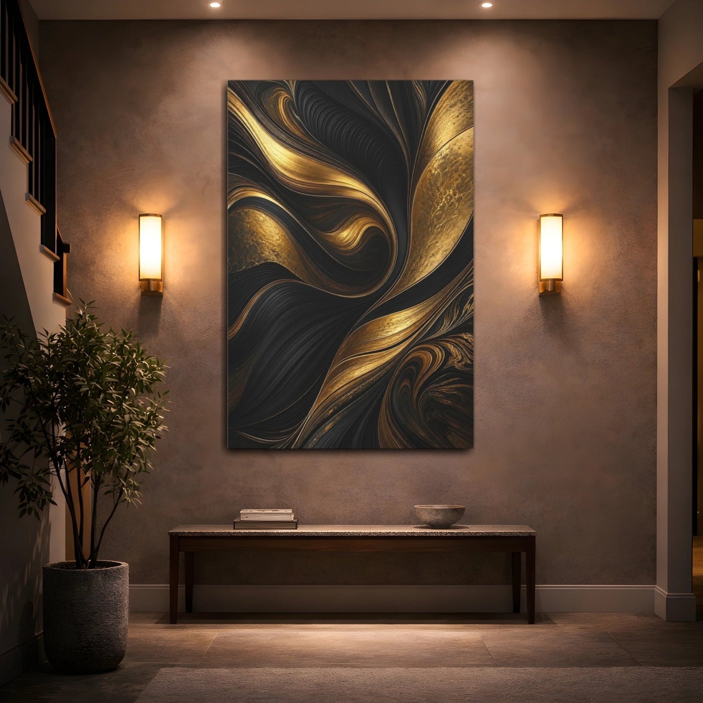 Abstract Waves Gold And Black Canvas Print – Living Room, Above Couch - YesArtYes