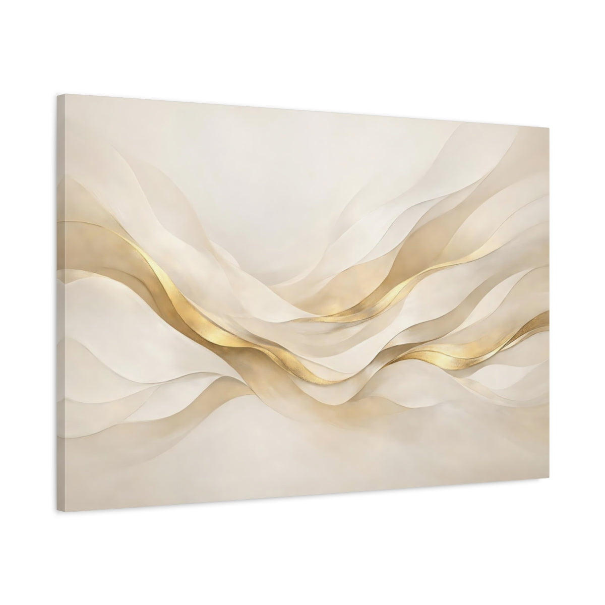 Side Mockup 1. Abstract Abstract Waves Gold And Cream shown as stretched canvas wall art