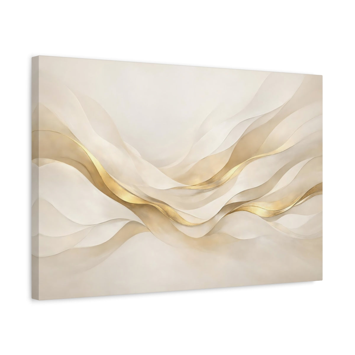 Side Mockup 3. Abstract Abstract Waves Gold And Cream shown as stretched canvas wall art