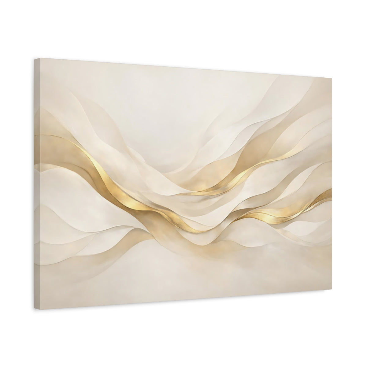 Side Mockup 2. Abstract Abstract Waves Gold And Cream shown as stretched canvas wall art