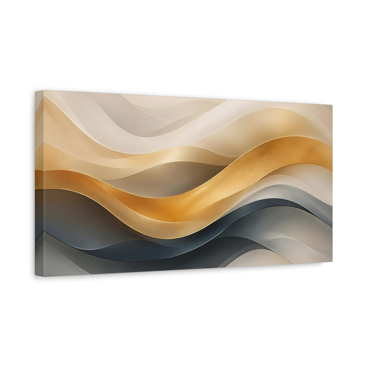 Side Mockup 3. Abstract Abstract Waves Gold And Gray Waves shown as stretched canvas wall art