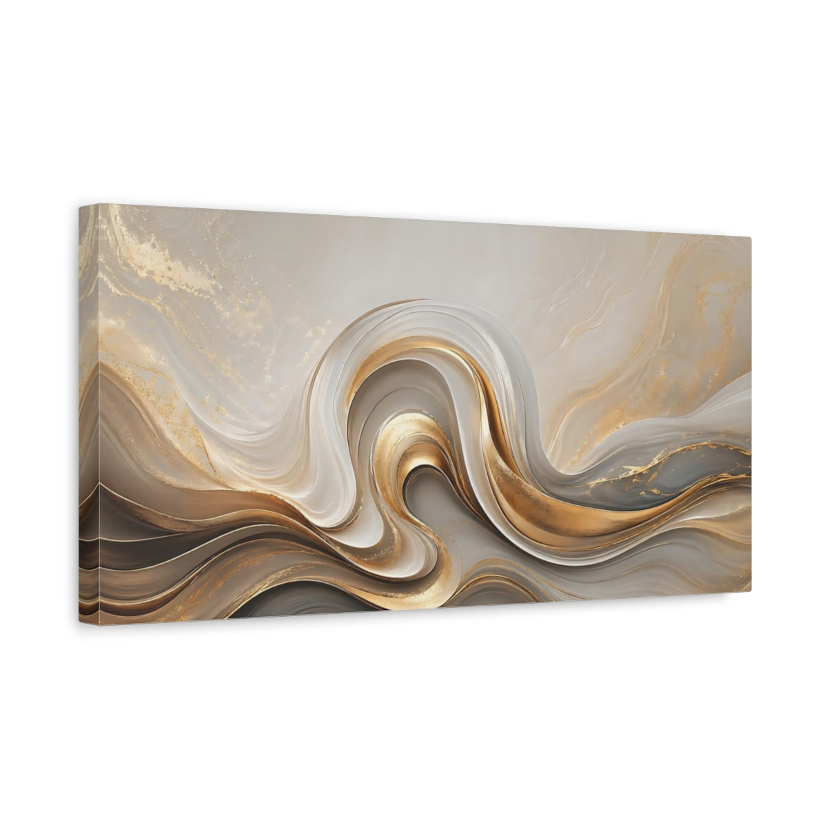 Side Mockup 3. Abstract Abstract Waves Gold And Grey shown as stretched canvas wall art