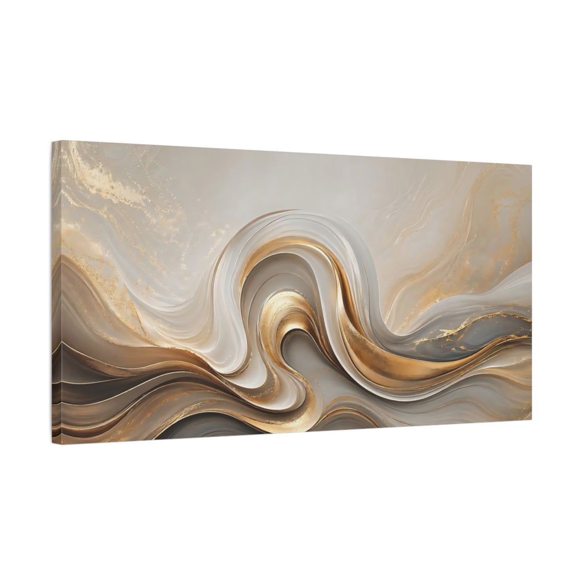 Side Mockup 1. Abstract Abstract Waves Gold And Grey shown as stretched canvas wall art