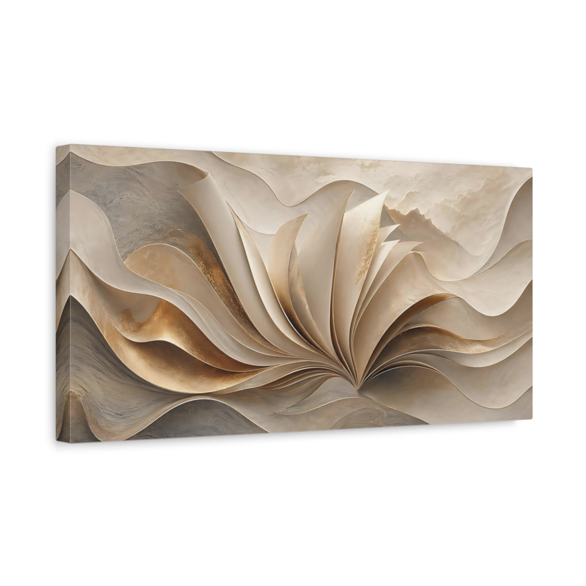 Side Mockup 3. Abstract Abstract Waves Gold And Neutral shown as stretched canvas wall art