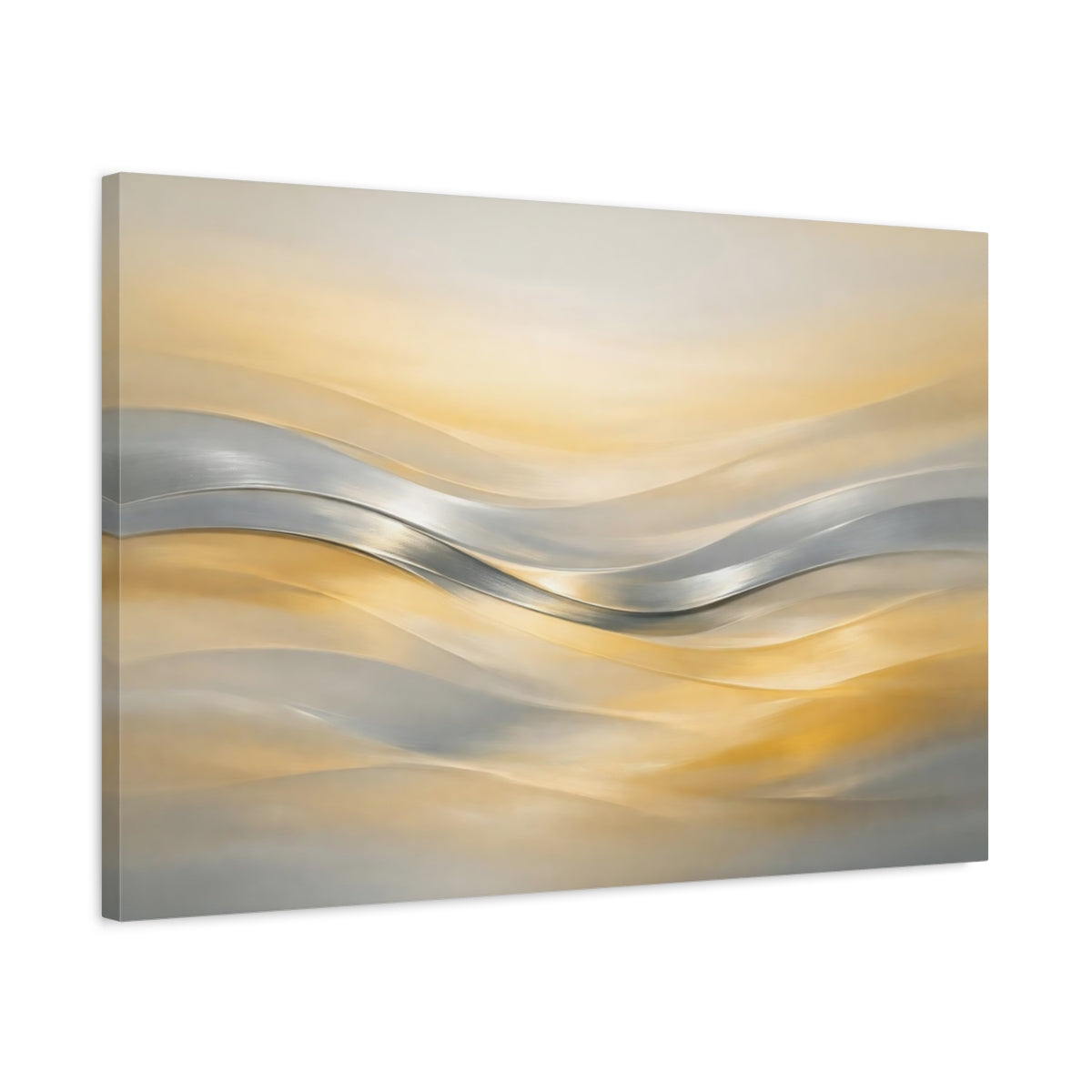 Side Mockup 2. Abstract Abstract Waves Gold And Silver Waves shown as stretched canvas wall art