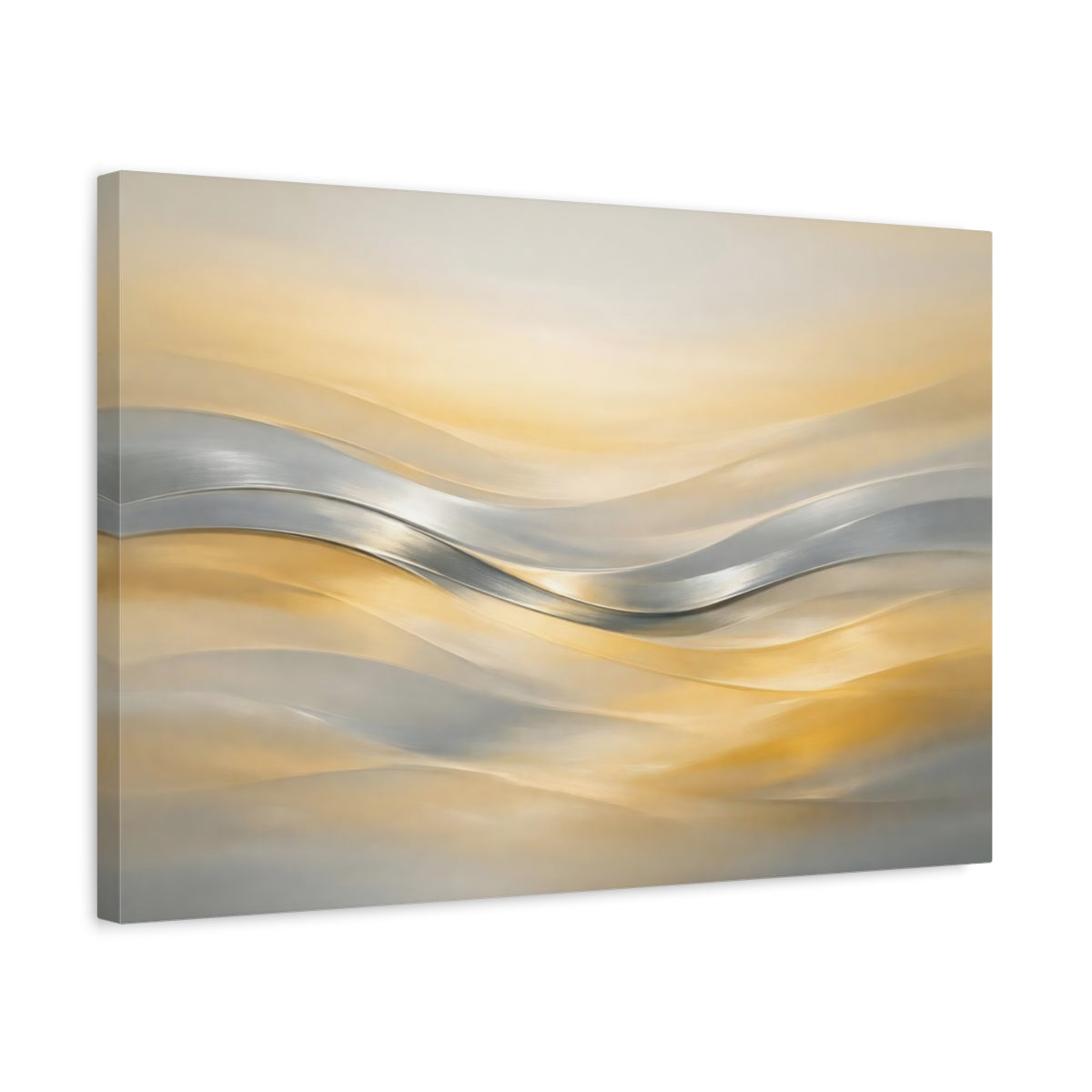 Side Mockup 3. Abstract Abstract Waves Gold And Silver Waves shown as stretched canvas wall art