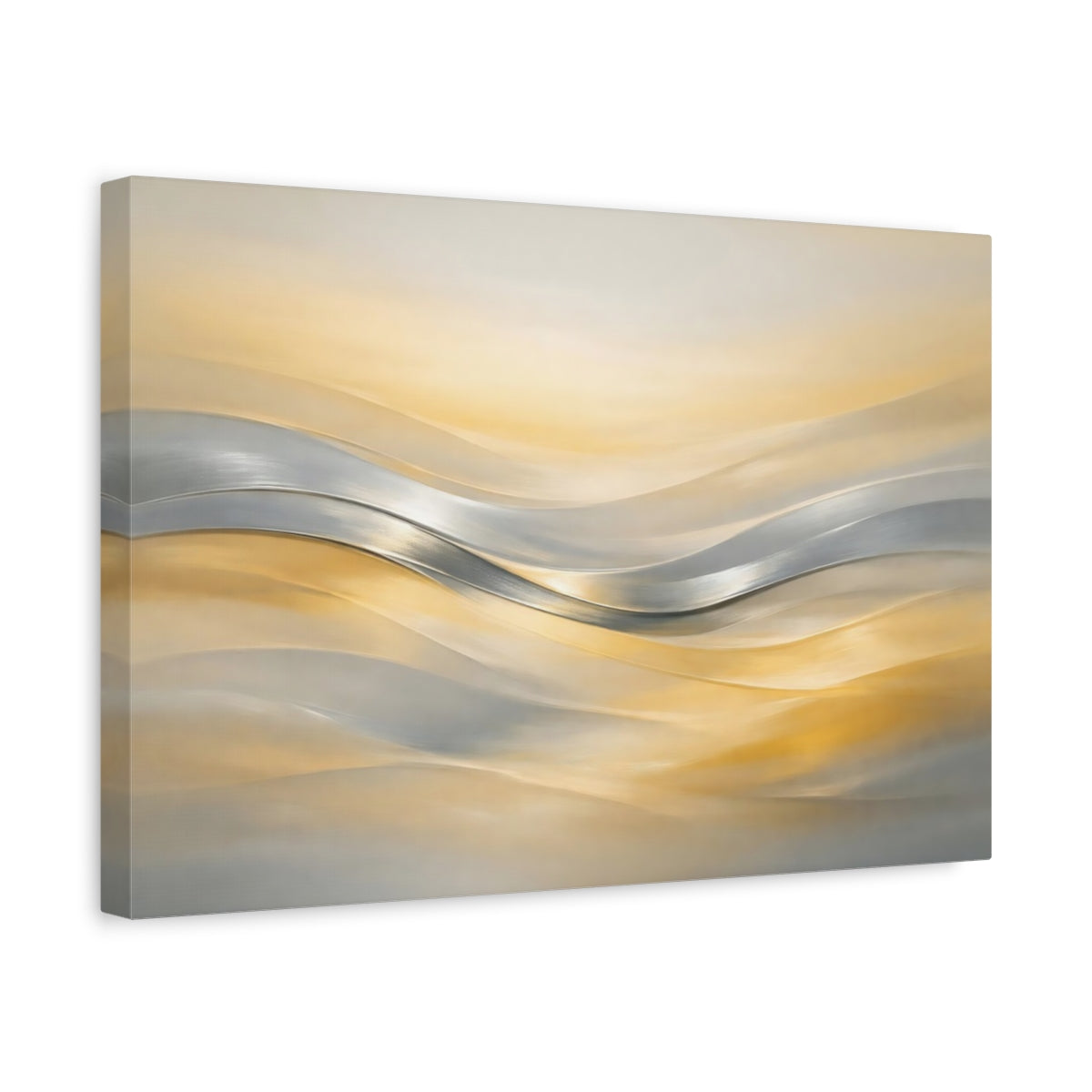 Side Mockup 4. Abstract Abstract Waves Gold And Silver Waves shown as stretched canvas wall art