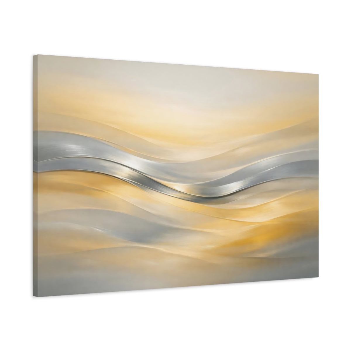 Side Mockup 1. Abstract Abstract Waves Gold And Silver Waves shown as stretched canvas wall art