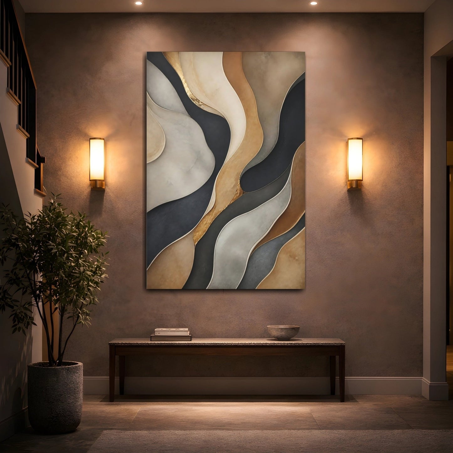 Abstract Waves Gold Gray Brown Canvas Wall Art Print – Modern Living Room, Above Console Table - YesArtYes