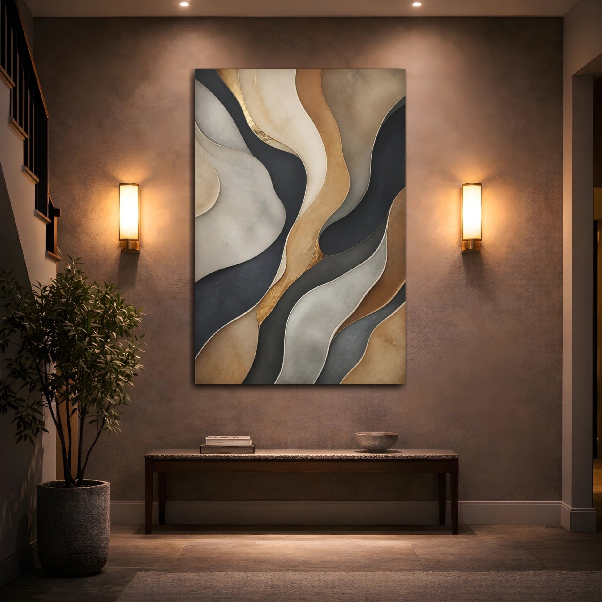 Abstract Waves Gold Gray Brown Canvas Wall Art Print – Modern Living Room, Above Console Table - YesArtYes