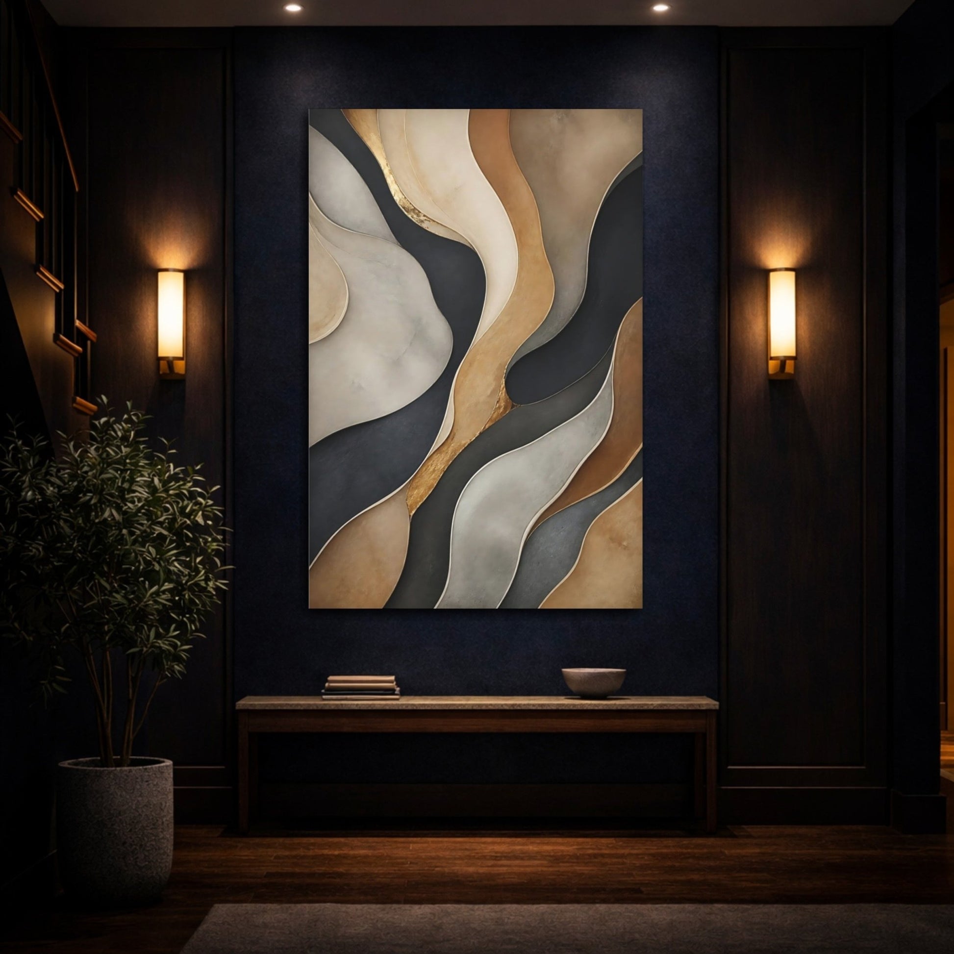 Abstract Waves Gold Gray Brown Canvas Wall Art Print – Modern Living Room, Above Console Table - YesArtYes